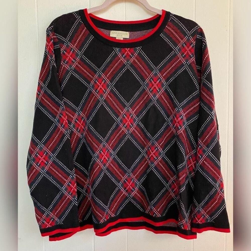 Appleseeds Sweater Womens Petite Extra Large Black Red Plaid Knit Pullover